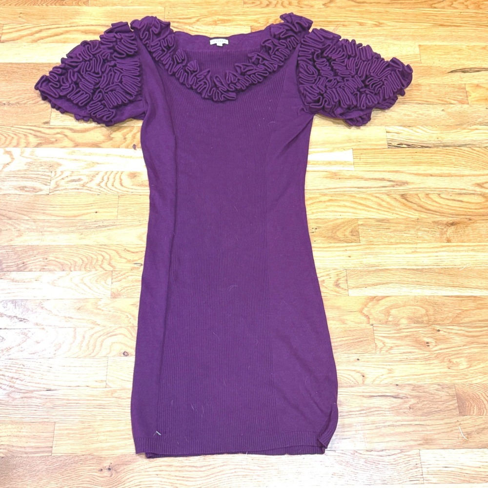 Abi Ferrin Purple Ribbed Knit Ruffle Sleeve Bodycon Mini Dress Womens Large